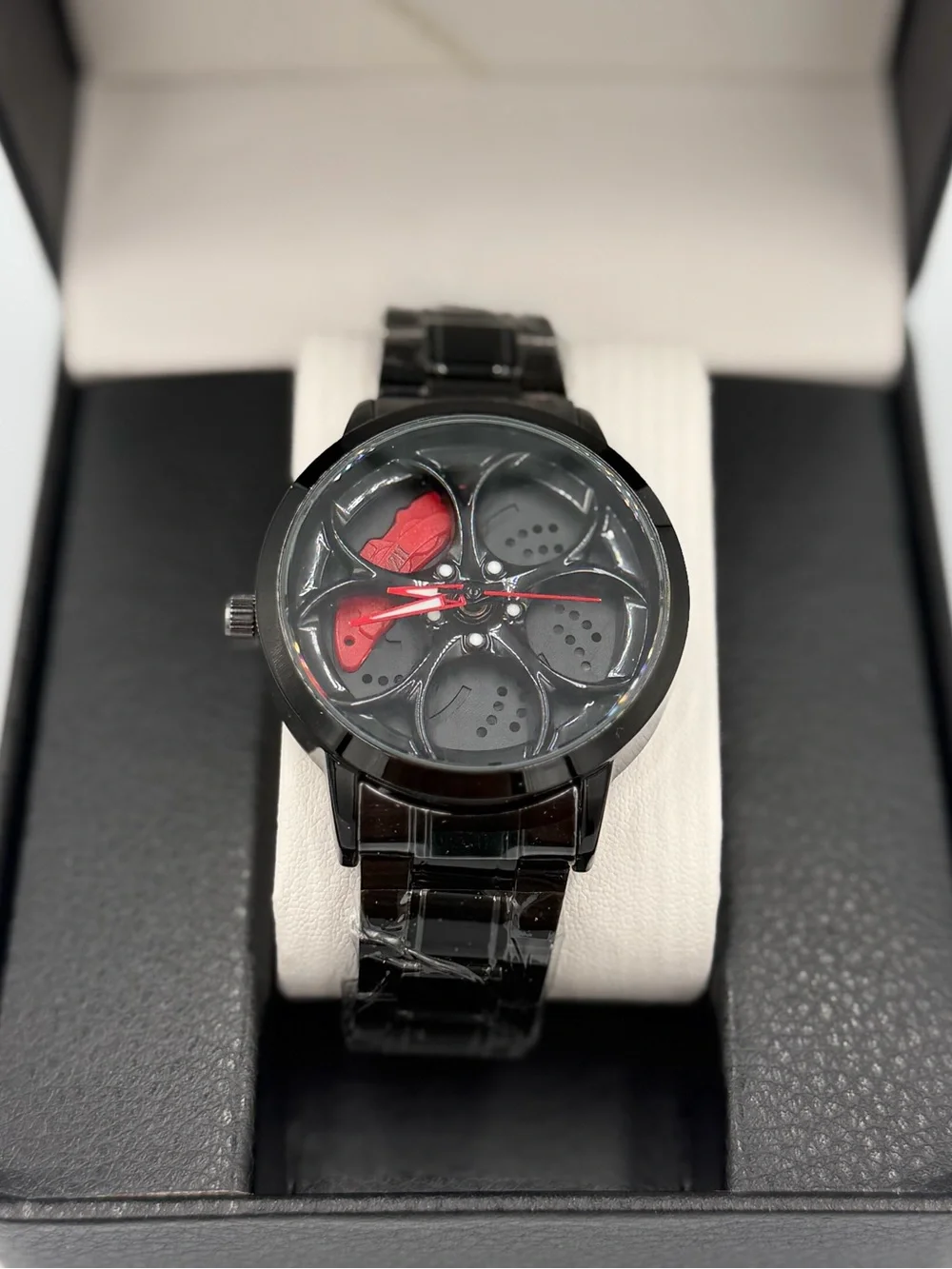 Black Men's Spinning Mechanical-Style Watch with Red Accents